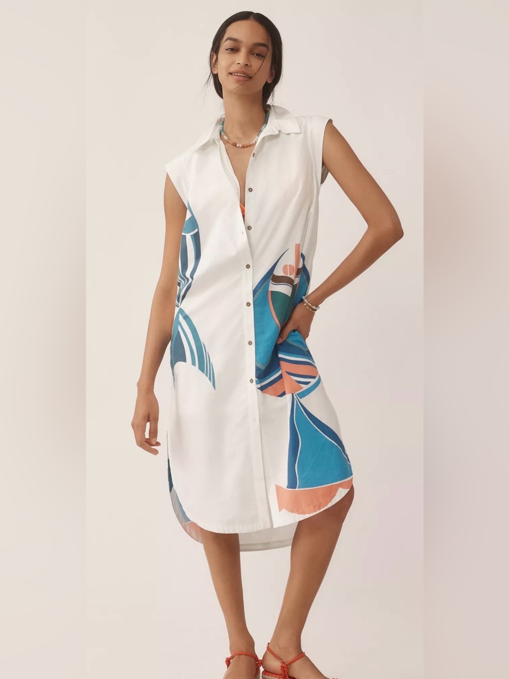 Anthropologie Lillian Button-Front Midi Dress Maeve Size XL Fish Nautical